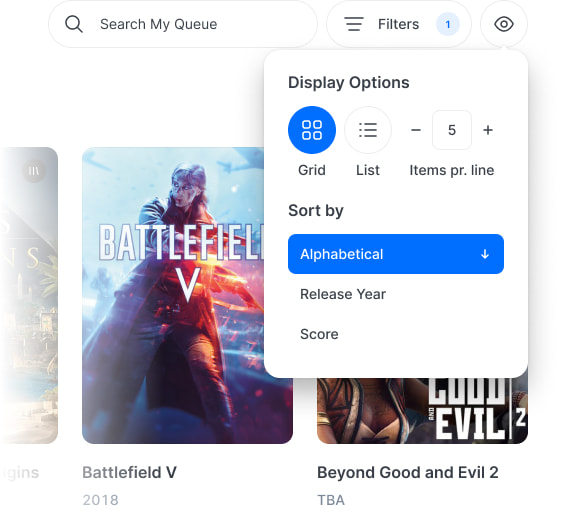 A dropdown with different view options for a list of games.