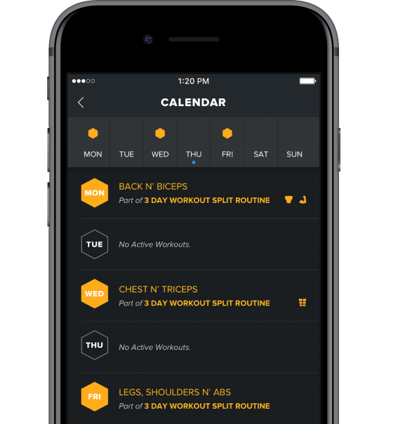 A screenshot of the calendar from an iOS workout app.